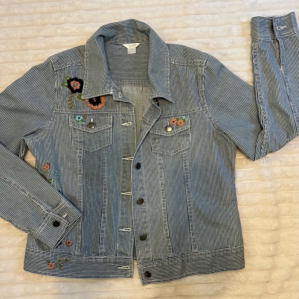 Christopher Banks  Striped Denim Jacket with Floral Embroidery size large